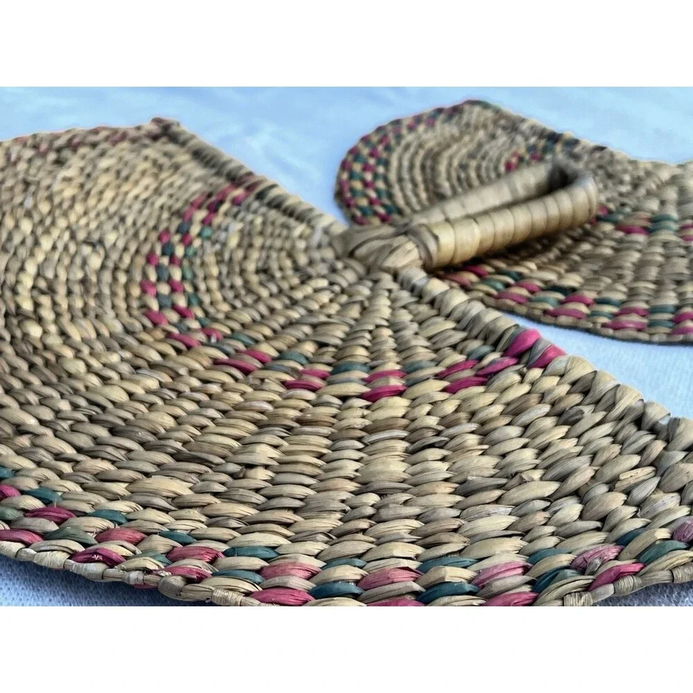 Vintage Handwoven Wicker Wall Fan Set Boho Coastal Seagrass Rattan Decor Pair